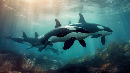 Obraz na płótnie Canvas Killer whales (orcas) swim under blue water