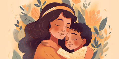 A Mother's Day Card: Flat illustration of mother and child in soft pastel colors. Generative AI.