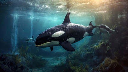 Obraz premium Killer whales (orcas) swim under blue water