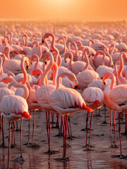 Obraz premium A flock of pink flamingos on the coast