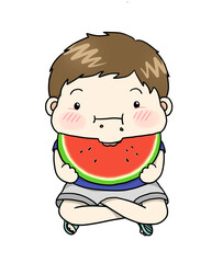 Watermelon eating child summer illustration, 수박먹는 아이 여름 일러스트