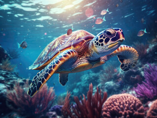 Fototapeta na wymiar Sea turtle swims under blue water