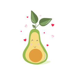 Cute happy avocado character. Funny smiling avocado cartoon emoticon in flat style. Fruit emoji vector illustration