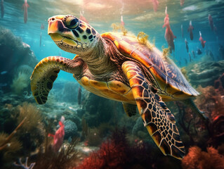 Fototapeta premium Sea turtle swims under blue water