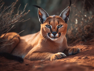 Cat caracal in the wild sits on the ground and looks at the camera.