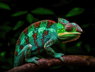 Obraz premium The chameleon sits on a branch and hunts for insects.