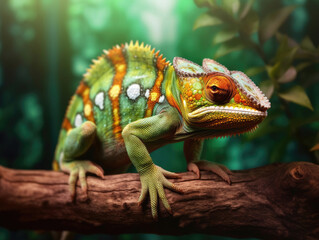 Obraz premium The chameleon sits on a branch and hunts for insects.