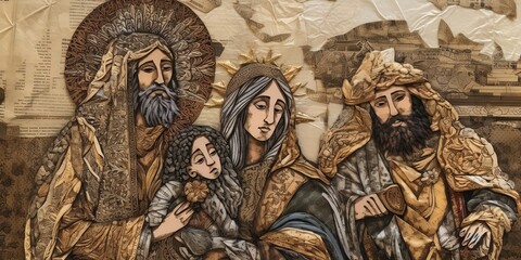 Fototapeta na wymiar holy family, wise men, and star of Bethlehem, Generative AI