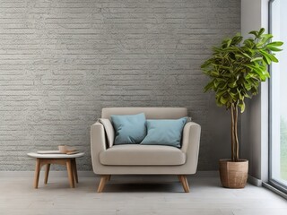 Interior of a bright living room with armchair on empty gray wall background