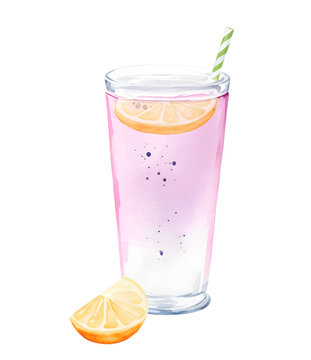 Cocktail soda with lemon in glass with straw. Watercolor summer drink, beverage. Healthy dessert, fresh fruit