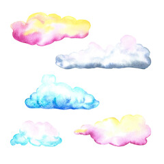 Cute clouds. Watercolor handmade. Set of watercolor objects isolated on white background for your design: textile, fabric, postcard, invitation.