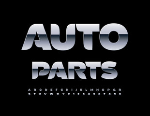 Vector industrial banner Auto Parts. Glossy creative Font. Silver Alphabet Letters, Numbers and Symbols set