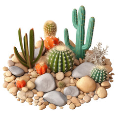 cactuses with pebbles , isolated on transparent background cutout 