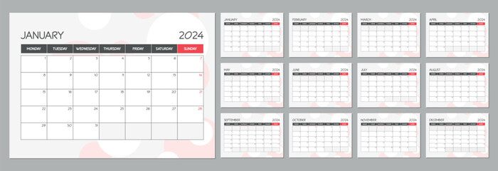 Monthly calendar planner template for 2024 year. Wall calendar schedule in a red minimalist style. Week Starts on Monday