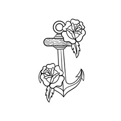 Hand drawn illustration of anchor and rose flower outline