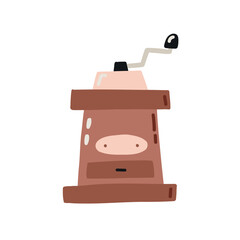 Classic manual coffee mill grinder in wooden case. Equipment for making aromatic beverage. Hand drawn vector illustration in doodle style