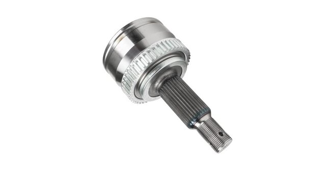 Front-wheel drive vehicle assembly isolated on white background. New car drive shaft rotates. Quality spare parts for car service or maintenance