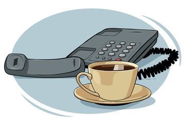 Telephone receiver and cup of tea. Coffee break at hotline call center office. Answering machine. Occupied sign waiting loop. colored realistic vector graphic illustration on white background. - obrazy, fototapety, plakaty