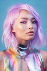 Beautiful female model in cyberpunk neon colored clothing with plastic necklace. Futuristis on pastel blue background. Generated AI.