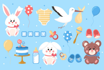 Vector baby shower set elements icon. Cartoon toys bunny, bear, bodysuit, stork with baby, birthday cake, rattle, booties, pacifier, balloons on blue background. 