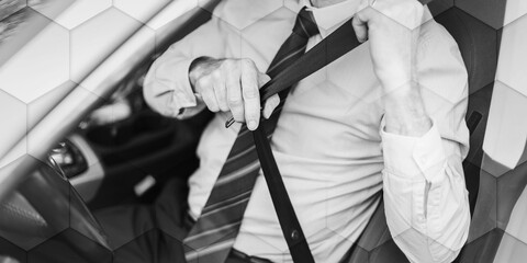 Driver fastening his seat belt, geometric pattern