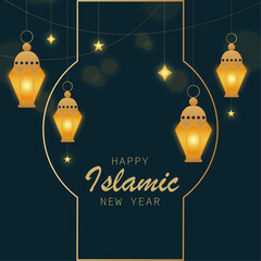 A poster for the happy islamic new year 1445 with gold lights and a happy new year message