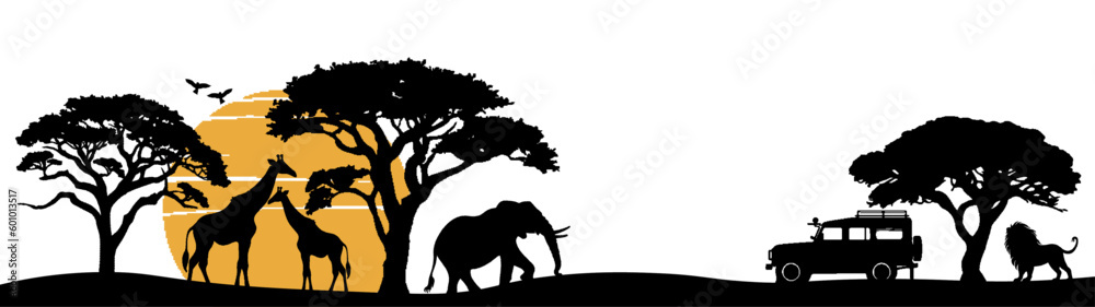 Wall mural Africa Safari Savanna landscape background banner panorama for logo - Black silhouette of wild animals, trees, vehicle and sun, isolated on white background (Generative Ai)