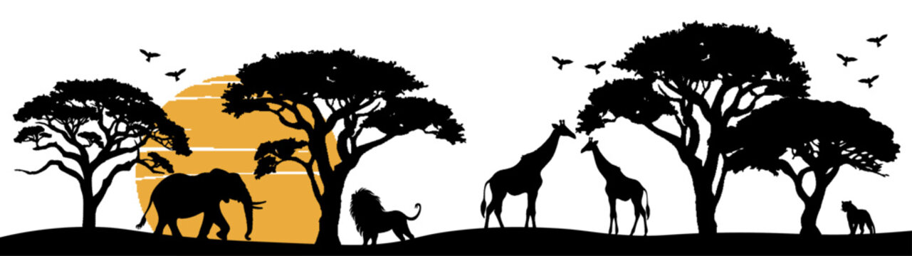 Africa Safari Savanna landscape background banner panorama for logo - Black silhouette of wild animals, trees and sun, isolated on white background (Generative Ai)