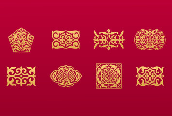 Set of 8 islamic golden ornaments on red background in vector. Circular ornamental arabic symbols. Abstract Asian elements of the national pattern of the ancient nomads of the Kazakhs, Tatars, Kyrgyz