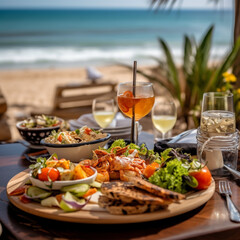 Fototapeta na wymiar food photography on the beach - seaside cafe - shrimp - beachside view - beach cafe - beach shack - restaurant - serene - food photography - seafood photography - wine and food - delicious food