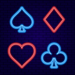 Red and Blue Neon Line Card Suits for Poker and Casino on Dark Purple Wall background vector illustration