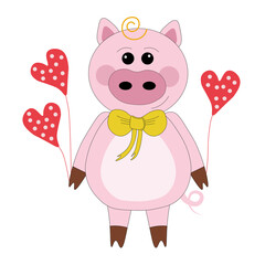 cute pink pig with hearts on a transparent background