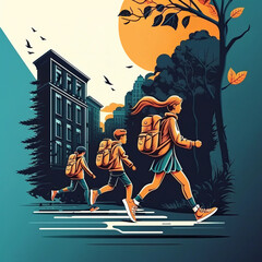 Back to school illustration in blue yellow colors. Pupils classmate run to lesson. Generative AI