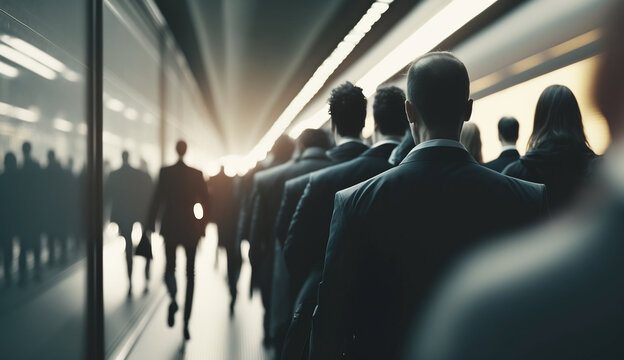 Crowd of business people walking in rush hour in subway fast moving, Generative ai..