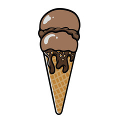 Ice cream cone with chocolate flavor with hazelnut topping. Isolated on white. Vector cartoon.