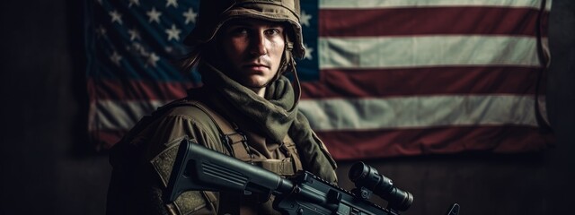 Veterans Day, Honoring all who served. Soldier in front of American Flag. Soldier with automatic rifle. Generative AI
