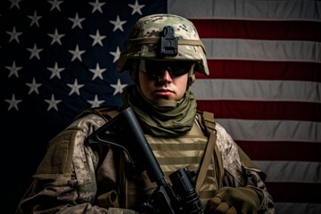 Fototapeta premium Veterans Day, Honoring all who served. Soldier in front of American Flag. Soldier with automatic rifle. Generative AI