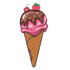 Vector icon cartoon ice cream cone, pink color with melted chocolate and hazelnut toppings. Isolated illustrations on white background