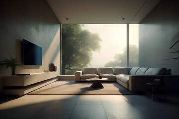 Modern Minimalist Living Room with Epic Landscape View, Generative AI