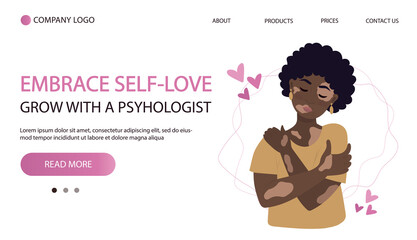Love yourself concept, woman hugging herself, illustration in cartoon flat style. Web page banner