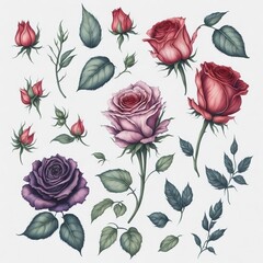 An illustration clip art of a watercolor rose with assorted designs