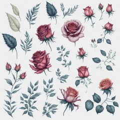 An illustration clip art of a watercolor rose with assorted designs