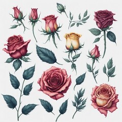 An illustration clip art of a watercolor rose with assorted designs