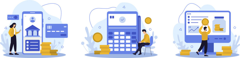 Set of online banking financial services, clients doing payments