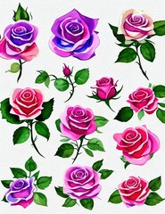 An illustration clip art of a watercolor rose with assorted designs