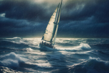 sailboat on the sea with storm and waves. generative ai