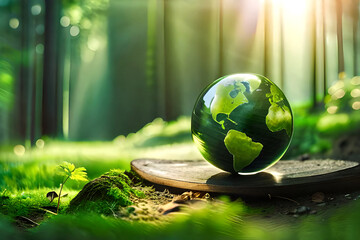 Environment Concept - Green Globe in the Forest With Sunlight. Sustainability Concept. Green world. Themes: Earth, Nature, Preservation of wildlife