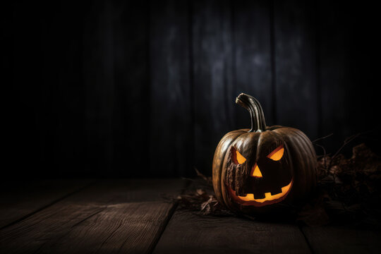 halloween background with scary illuminated pumpkin. generative ai