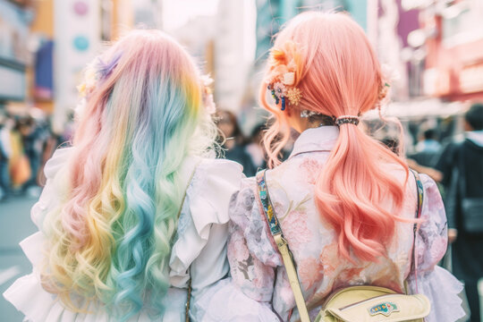Back view of young woman in Japanese Harajuku street fashion style with pastel colored hair and cute clothes. 