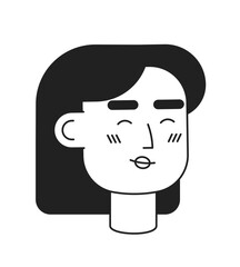 Smiling caucasian woman with black hair monochrome flat linear character head. Excited lady. Editable outline hand drawn human face icon. 2D cartoon spot vector avatar illustration for animation